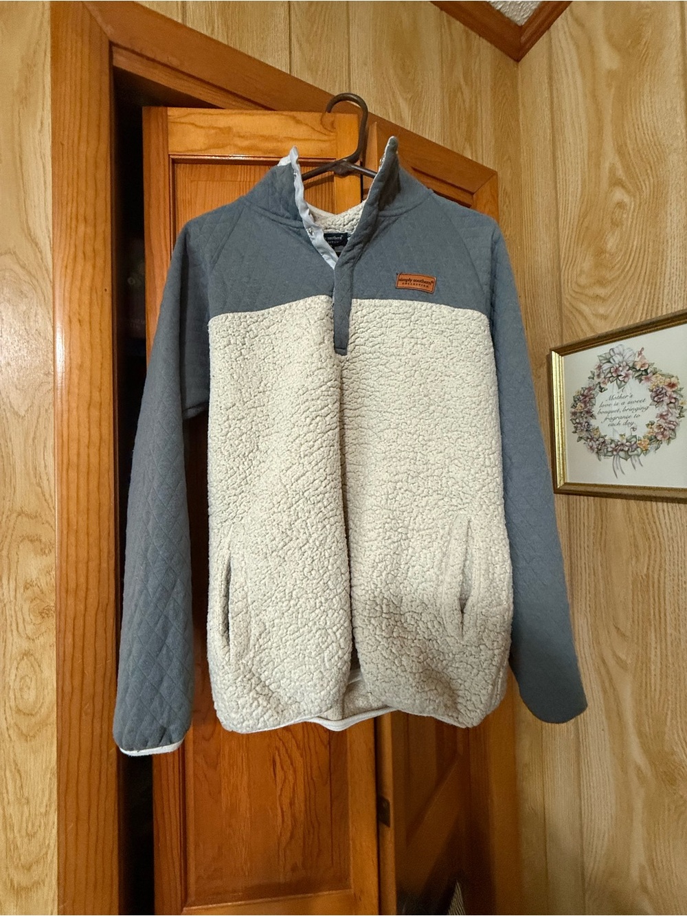 Simply Southern Gray and Cream Sherpa V-Neck Pullover